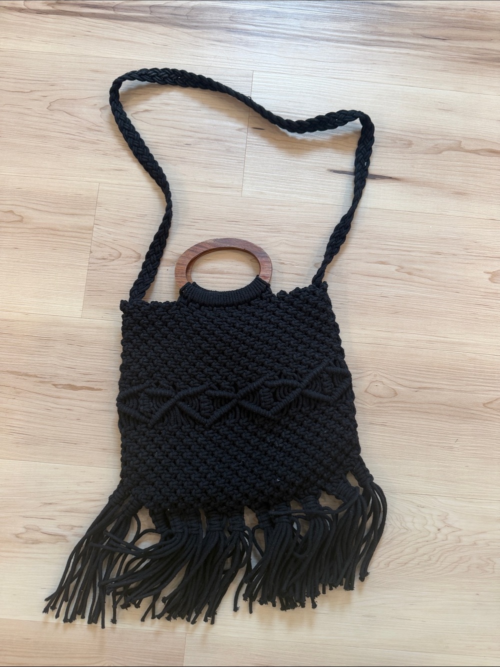 Danielle Nicole Black Macramé Fringe Shoulder Bag with Wooden Handles